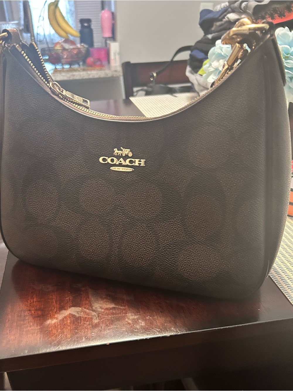 Coach Brown Signature Crescent Shoulder Bag with Gold Hardware